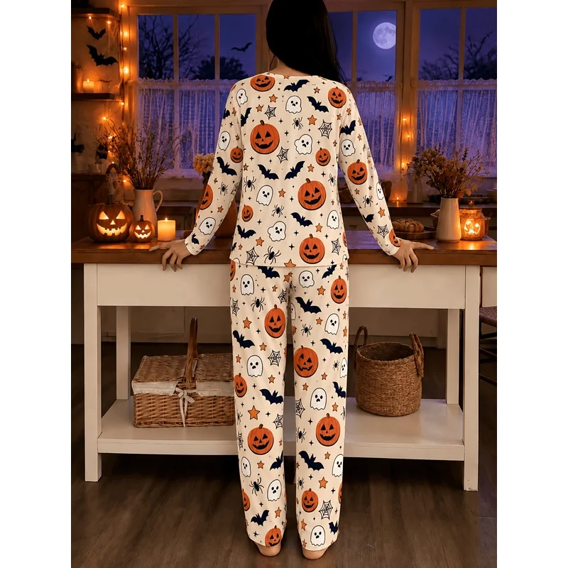 Halloween loungewear pants，Ladies' fashionable,elegant, and cute pajama set for autumn and winter，Suitable for everyday home use