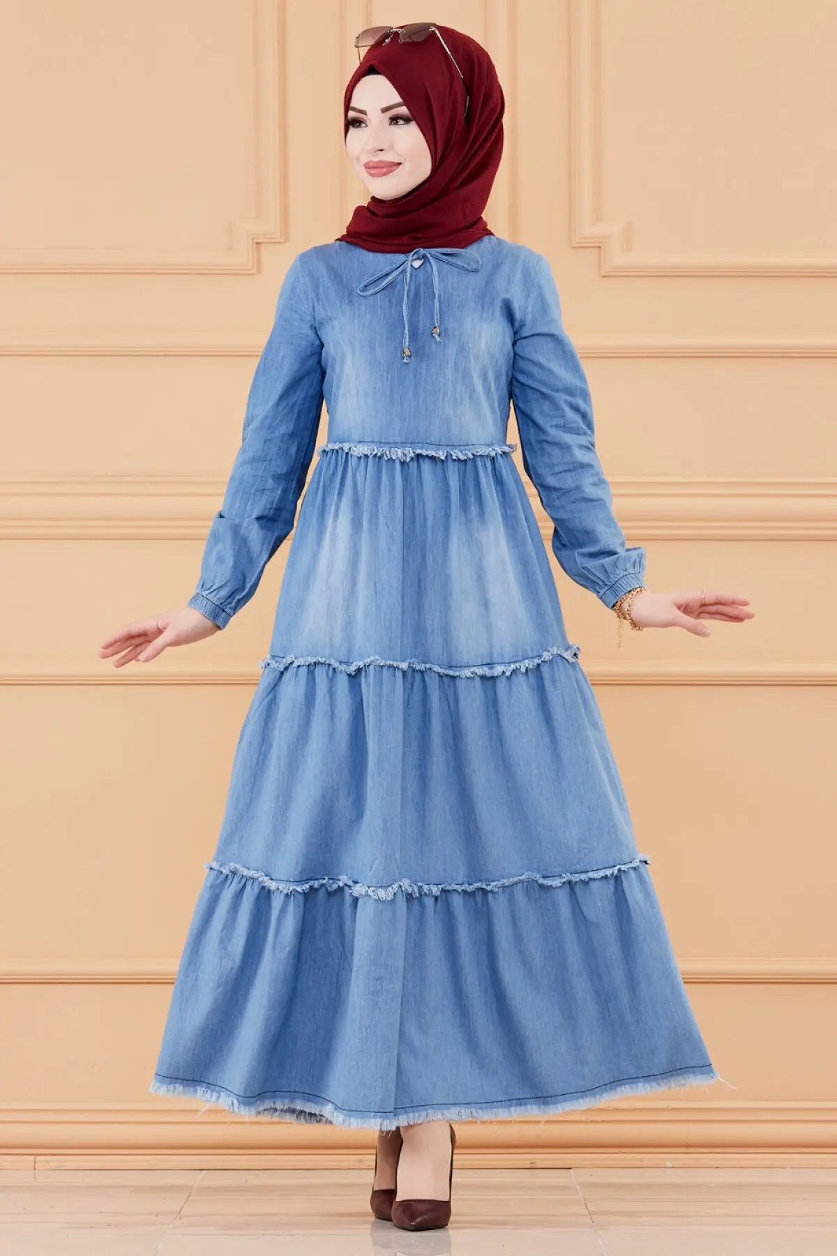 TUGBA Muslim Dress Blue Long sleeve muslim dress code 2021 turkish gown hijab summer