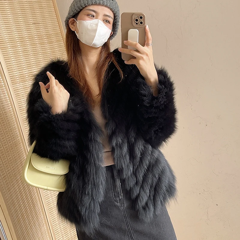 Women\'s Natural Fur Coat Winter New High Quality Strip Fox Fur Jackets Young Lady V-neck Korean Fashion Simple Kurtka Futro Tops