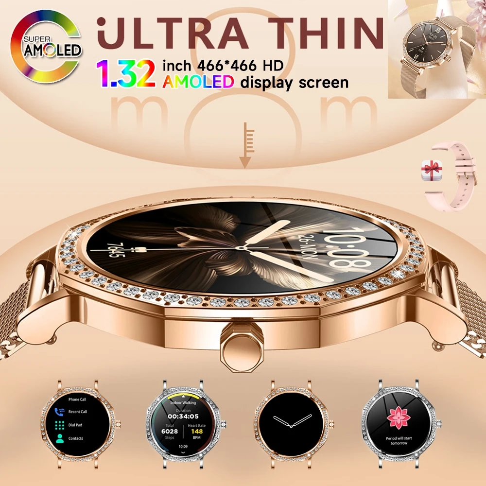 

2026 Новые ультратонкие умные часы 8 мм 1,32 дюйма AMOLED 466*466 HD-дисплей Bluetooth-вызов всегда включенный дисплей модные женские умные часы