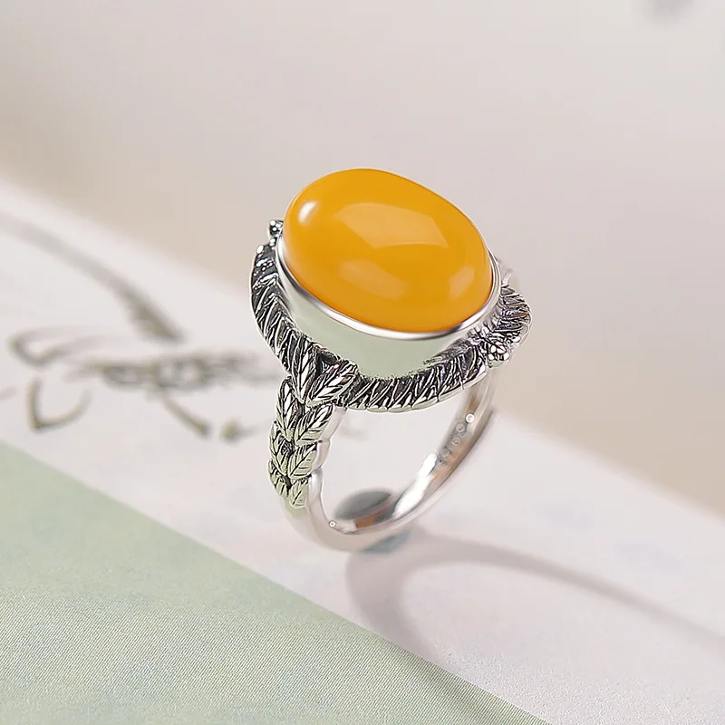 

S925 Sterling Silver Amber Oval Wheat Spike Elegant Open Ring