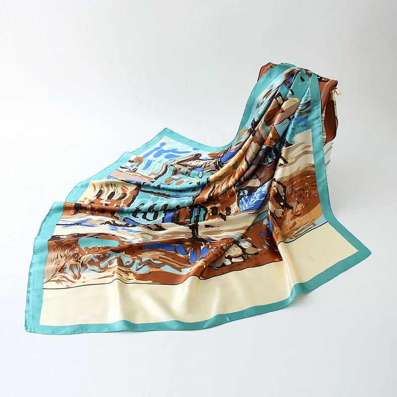Damen Satin Großer Quadratischer Schal Eleganter Weicher Seidenschal Modischer Bedruckter Kopfschal