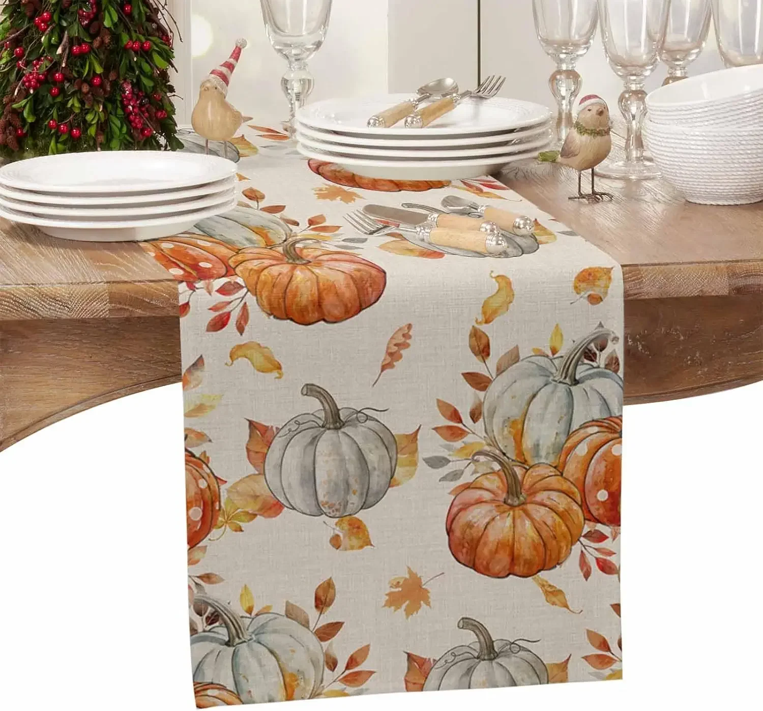 1pc Autumn Pumpkin Leaf Print Table Runner Beige Watercolor Harvest Pattern Table Cover For Dining Kitchen Party Decoration Tabl