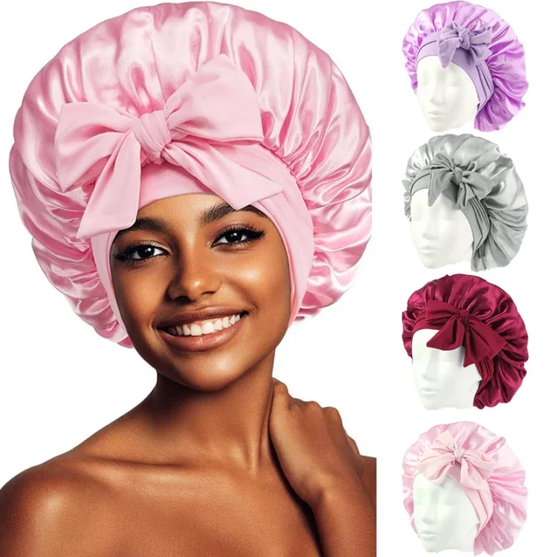 Women Bow Satin Sleeping Hat with Stretchy Tie Band Elastic Night Shower Cap Adjustable Solid Hair Head Cover Bonnet Turban