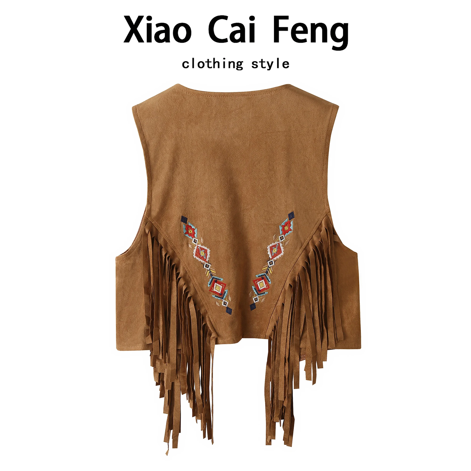 Ethnic Embroidered Suede Fringe Unbuttoned Short Vest Women Spring Summer Travel Style Layering Tank Top V-neck Thin Fabric