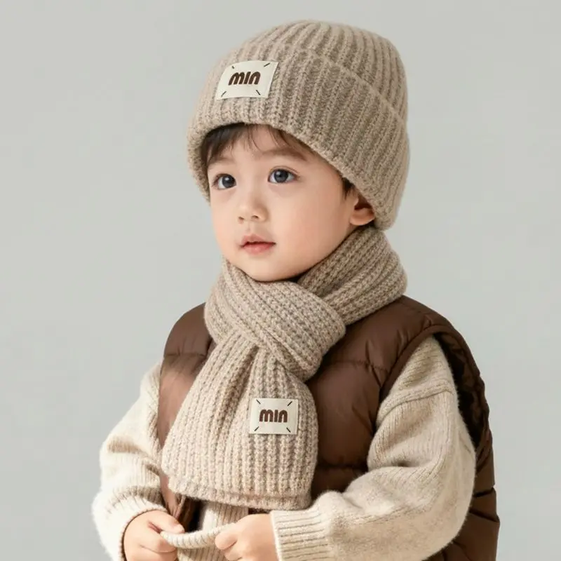 Two Piece Set of Children's Scarves, Cute Knitted Woolen Hats for Boys and Girls in Autumn and Winter