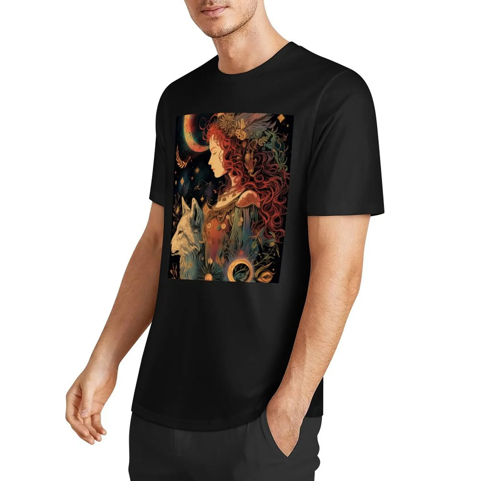 Mystical Woman and Majestic Wolf Art Fantasy Surrealism T-Shirt graphic t shirt vintage cheap stuff blacks mens t shirt