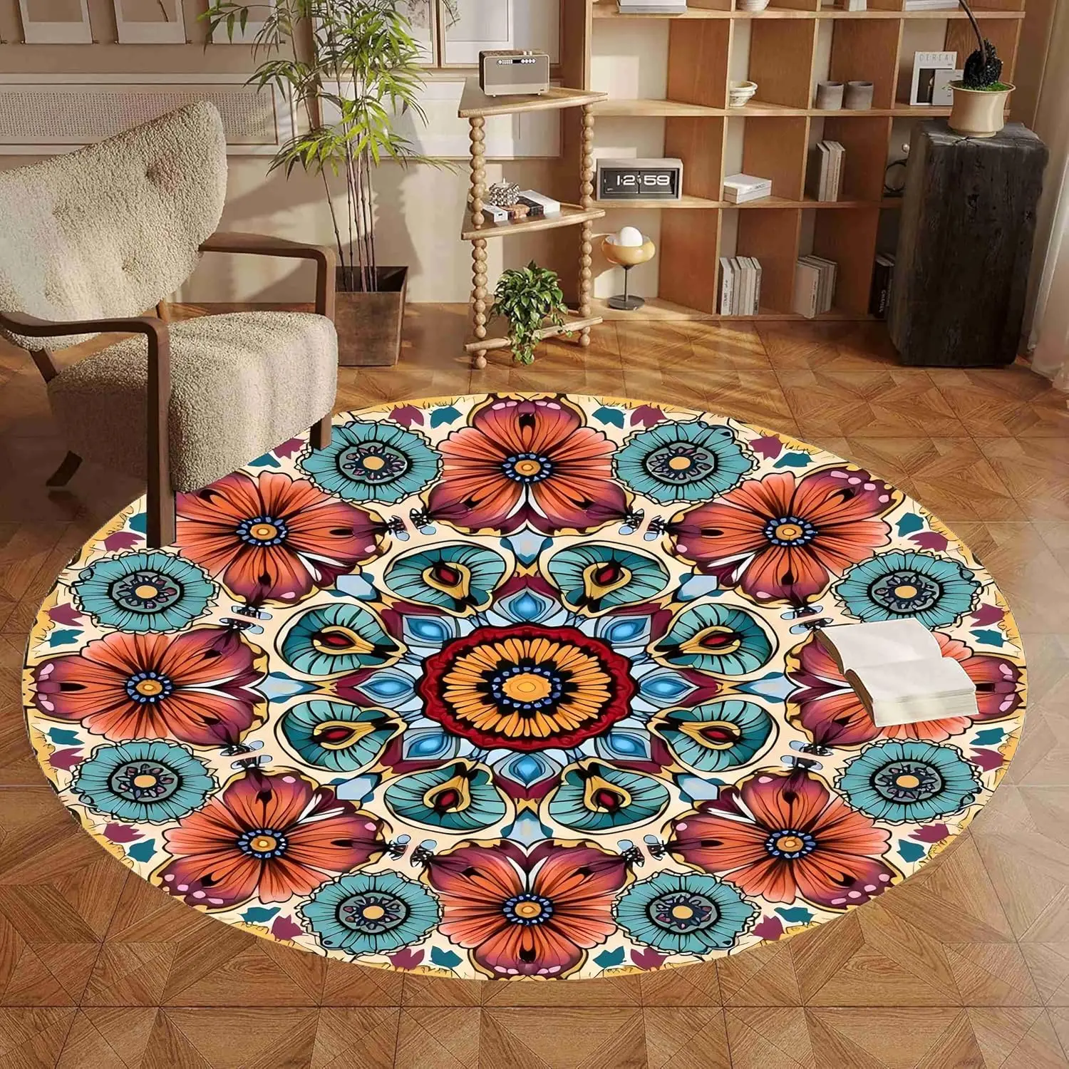 Boho Mandala Round Rug Ethnic Kaleidoscope Geometry Area Carpet Vintage Sunflower Totem Pattern Living Room Floor Adornment
