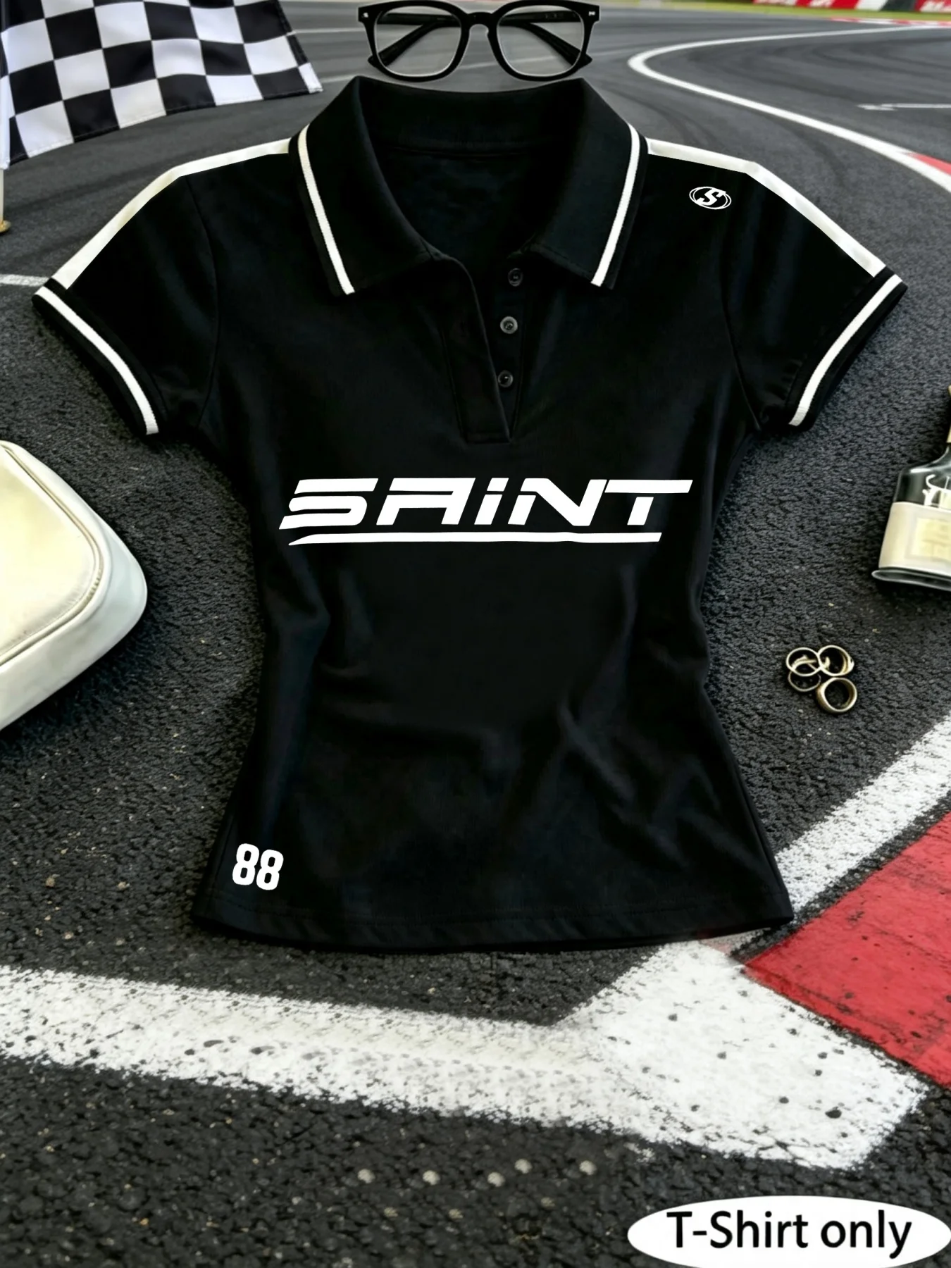 Women Y2K Cropped Polo Shirt, SAINT Racing Letter & Number 88 Multi‑Print Short Sleeve,Daily Street Sports Casual Wear