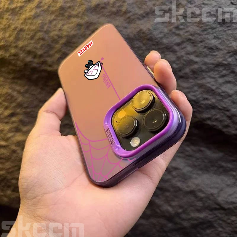 Casing Ponsel Pasangan Spiderman untuk iPhone 16 15 14 11 12 13 Pro Max 7 8 Plus X XR XS Max Sampul Dalam Berlapis Perak Berwarna