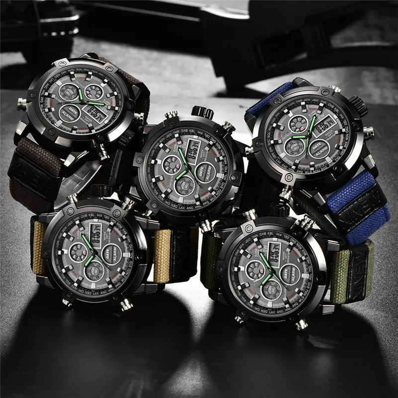 Men Original XINEW Big Brand Chronograph Watches Fashion Nylon Band Alarm Multifunctional Army Sports Dual Time Digital Watch