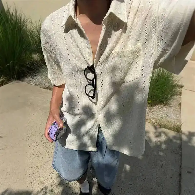 Hollow Out Short Sleeve Men's Shirt Summer Loose Casual Blouse Korean Style Relaxed Half Sleeve Turn Down Collar Top 9XD70Z