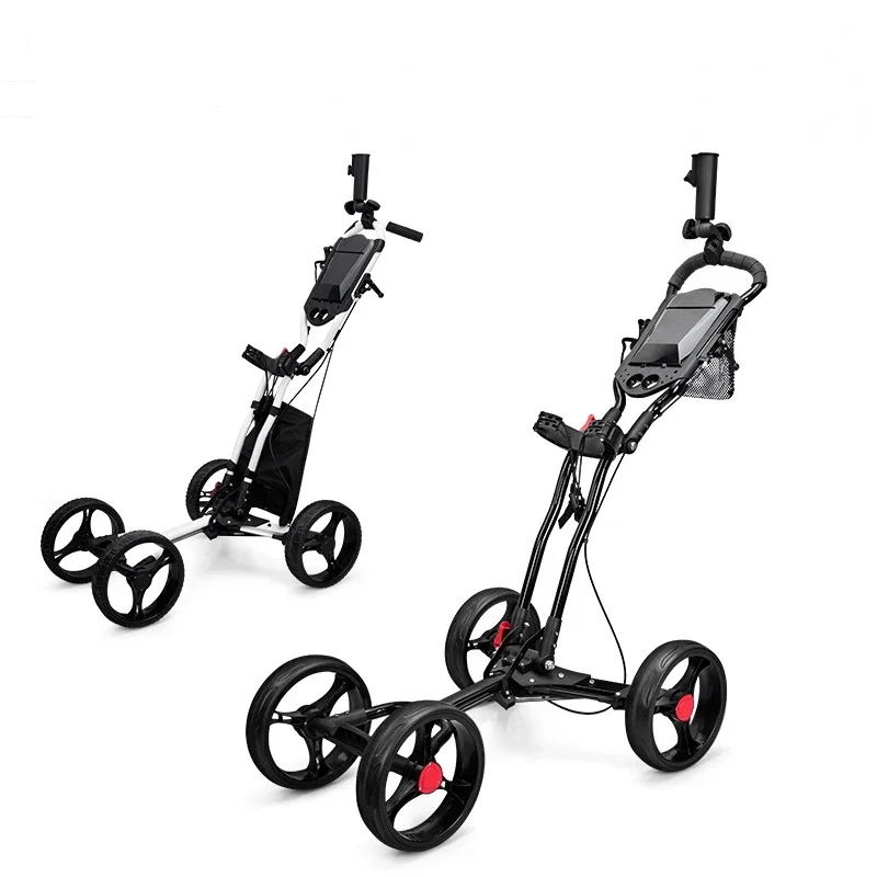 New Foldable Golf Sports Bag Cart Four Wheels Aluminium Alloy Trolley With Umbrella Holder Cage Fixing Rope Manual Brake QC005