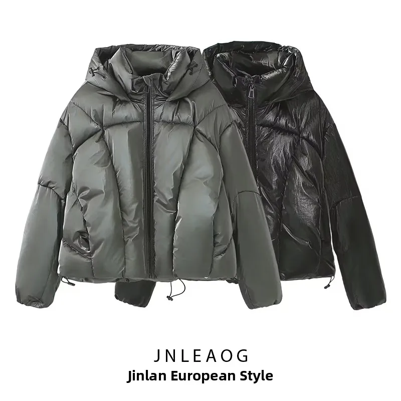 

JNLEAOG Faionable Metal down Bread Coat Women's Street Sle Straight Cut Long Sve Zipper Pure Color Fall New Arrival