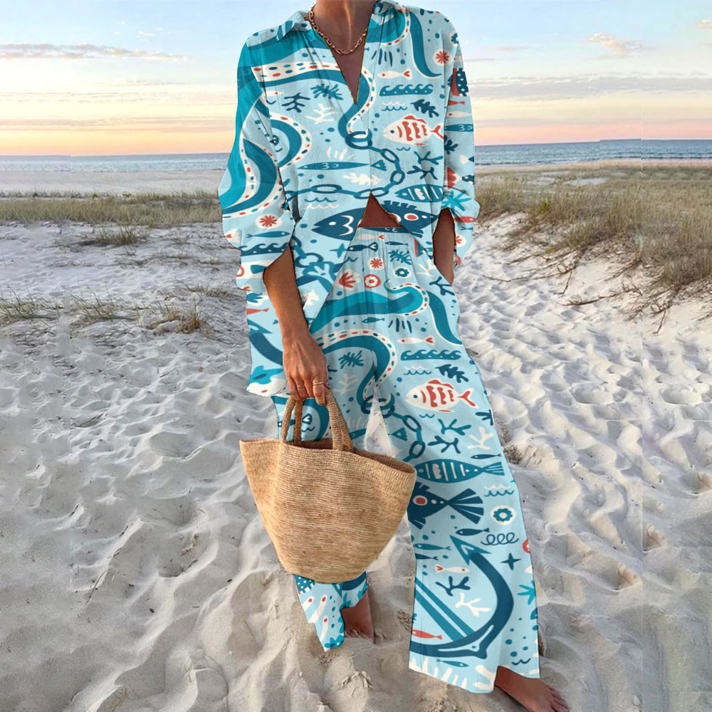 New Cartoon Sardines Printed Beachwear 2-piece Set V-Neck Sexy Loose Casual Shirt Fashion High Waist Straight Pants Women