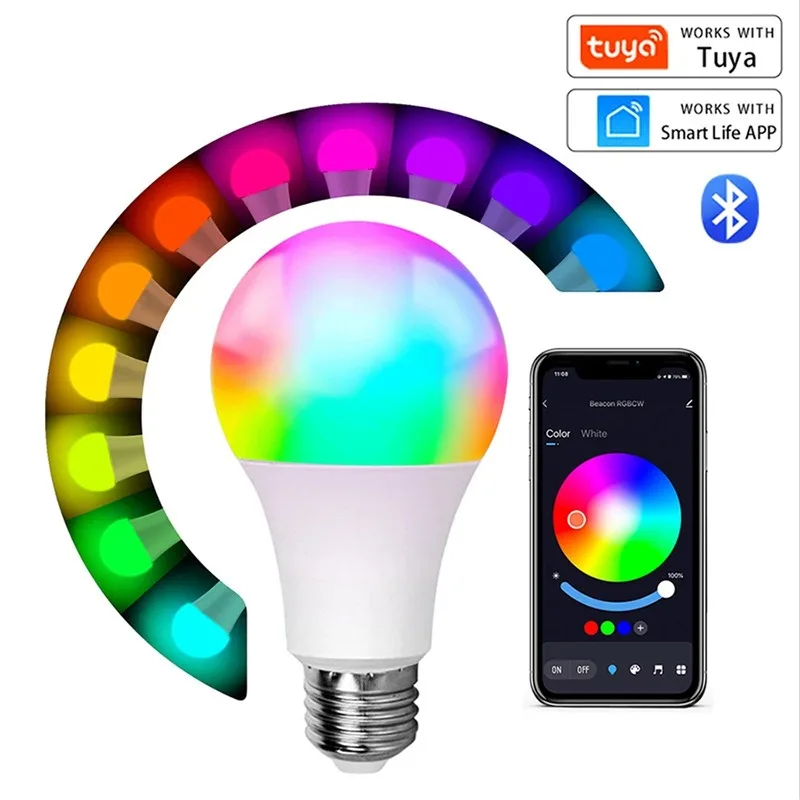 Bombilla E27 inalámbrica con Bluetooth 4,0, Control inteligente por aplicación Tuya, regulable, 15W, RGB + CW + WW, Lámpara LED que cambia de Color, Compatible con IOS/Android