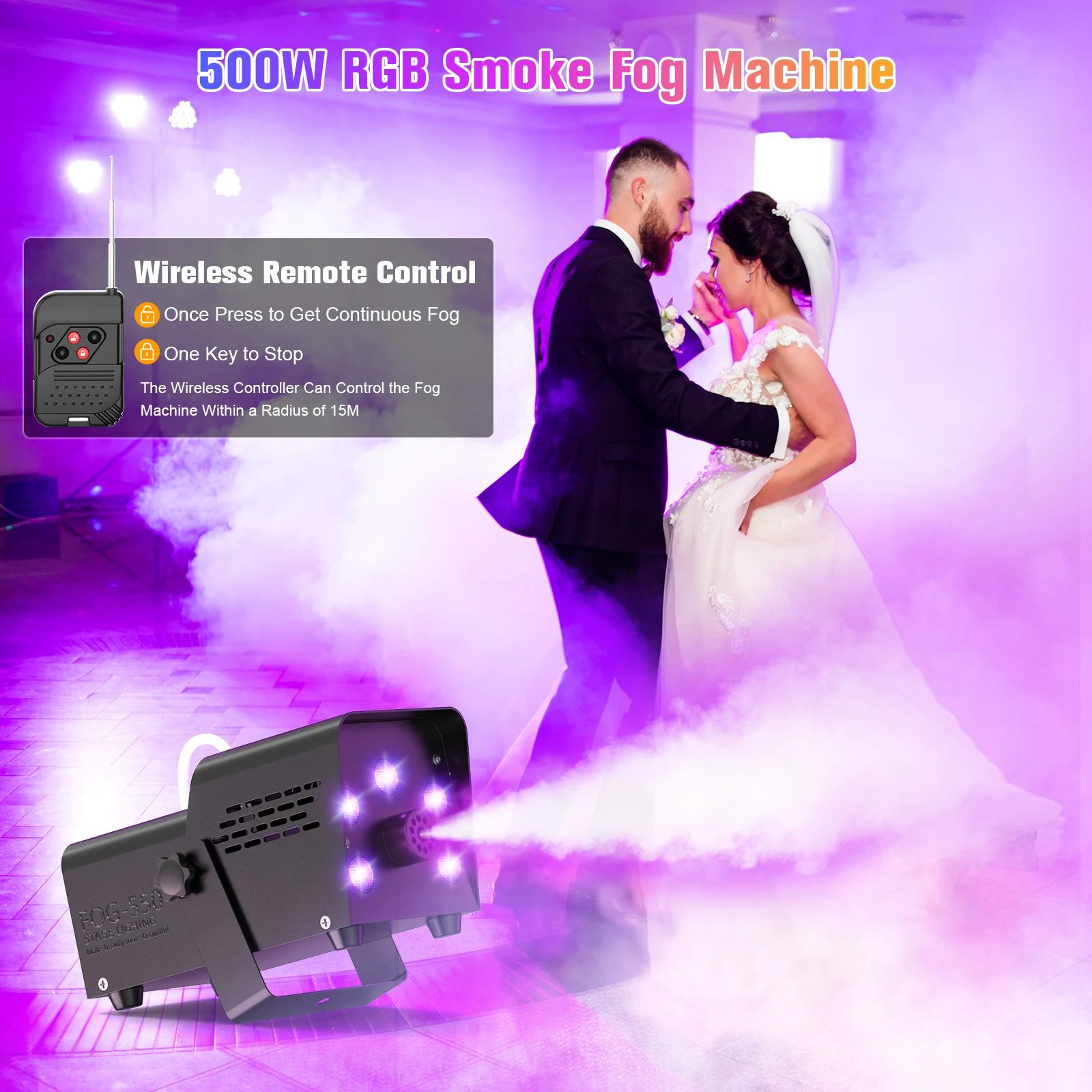 Smoke Machine 500W RGB Colorful 5 LEDs Fog Ejector Stage Effect Fogger Spray Equipment for Wedding Halloween DJ Show