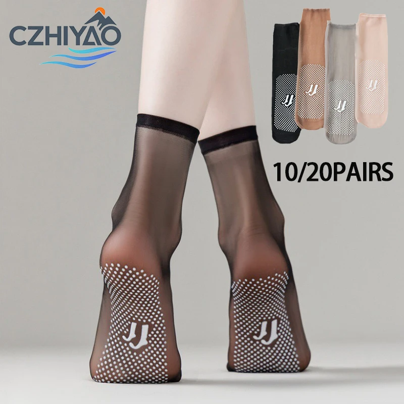 CZHIYAO 10/20Pairs Women's Summer Non-Slip Short Stockings,Ultra-Thin Transparent Crystal Socks,Anti-Snag Invisible No-Show Sock