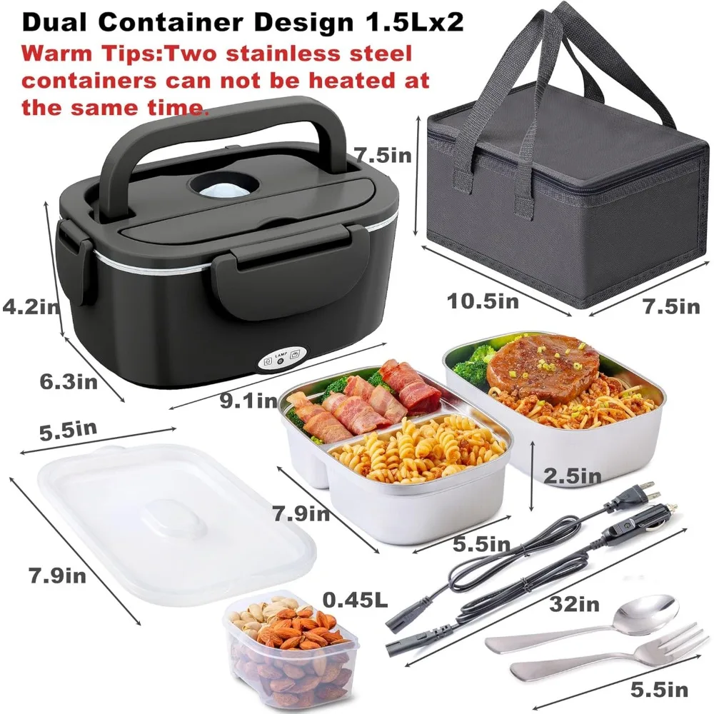 Electric Lunch Box for Adults with 2 Stainless Steel Containers 1.5L 80W Heated Lunch Boxes Portable 12/24/110V (Black)