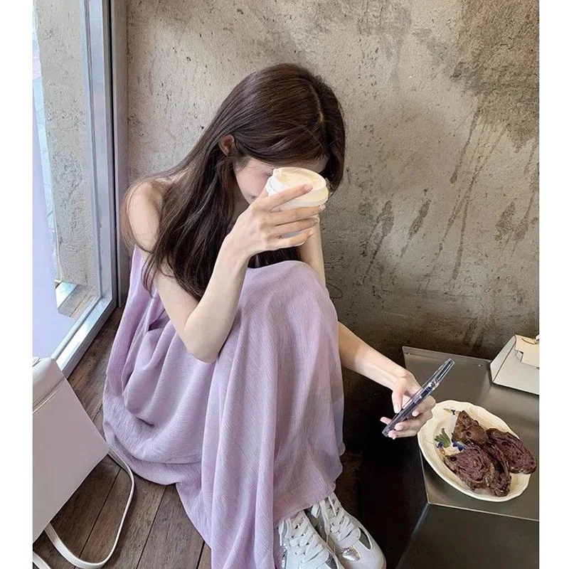 프랑스풍 부드러운 퍼플 넥 멜빵 원피스 2025 여름 여성 휴가룩 루즈핏 슬리밍 A라인 스커트