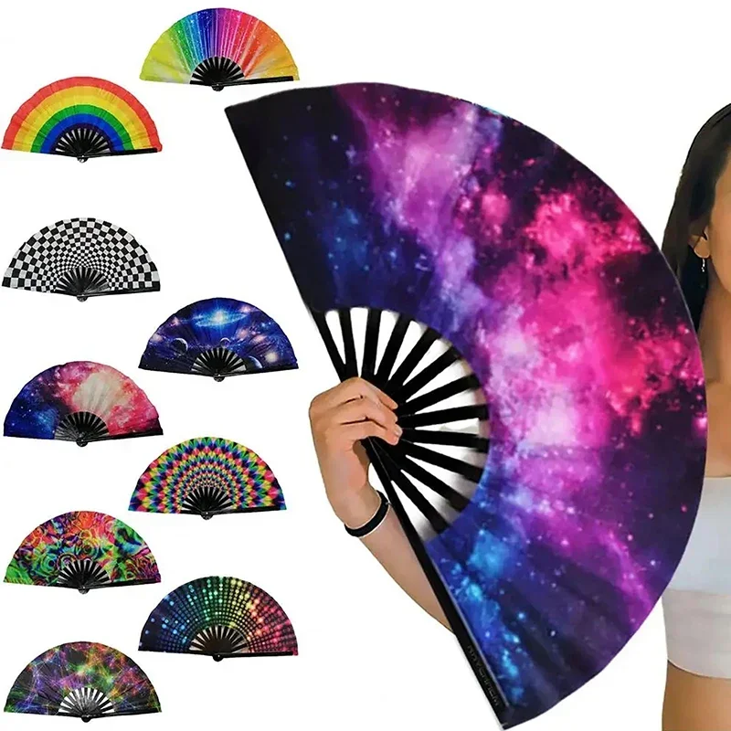 

Large Folding Hand Rave Fans Bright Color Rainbow Starry Sky Color Glow Bamboo Fan Festival Wedding Party Supplies Xmas Dance