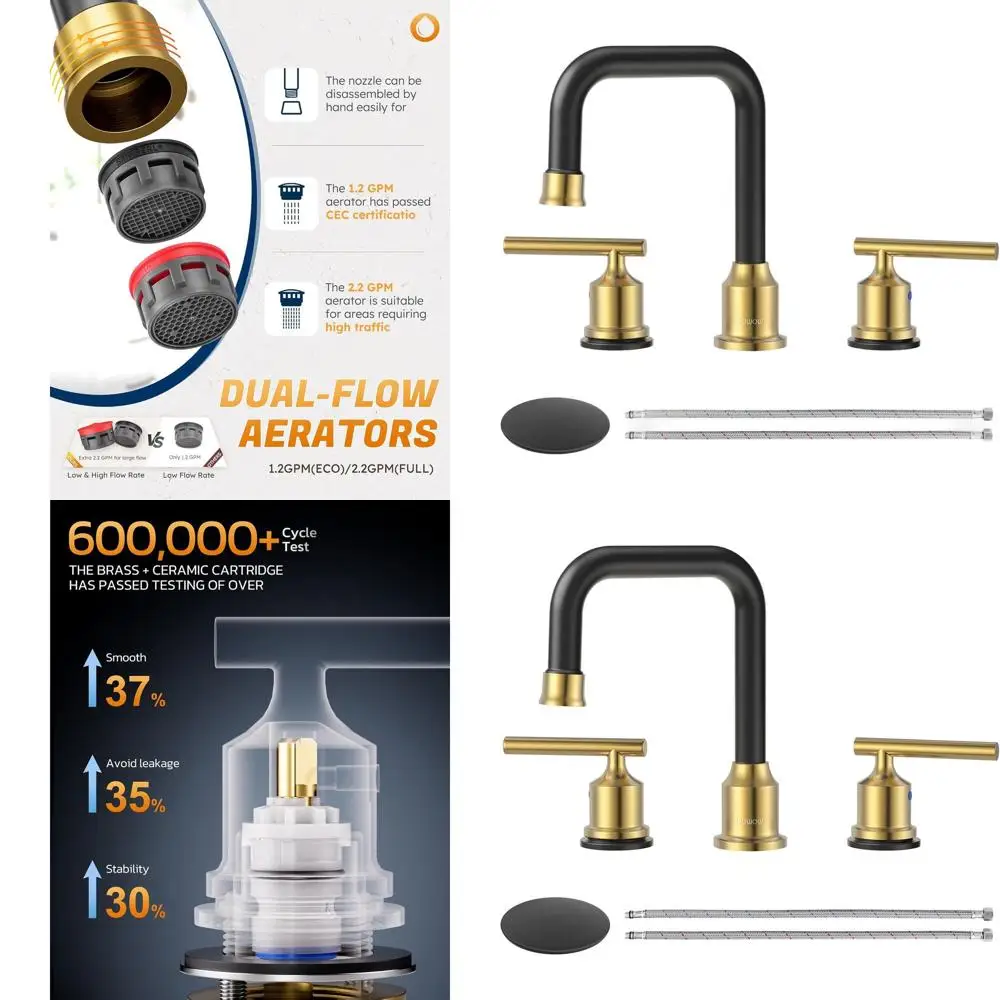 صنبور حوض الحمام بمقبضين 8 بوصة 3 فتحات باللونين الأسود والذهبي مع استنزاف منبثق #1