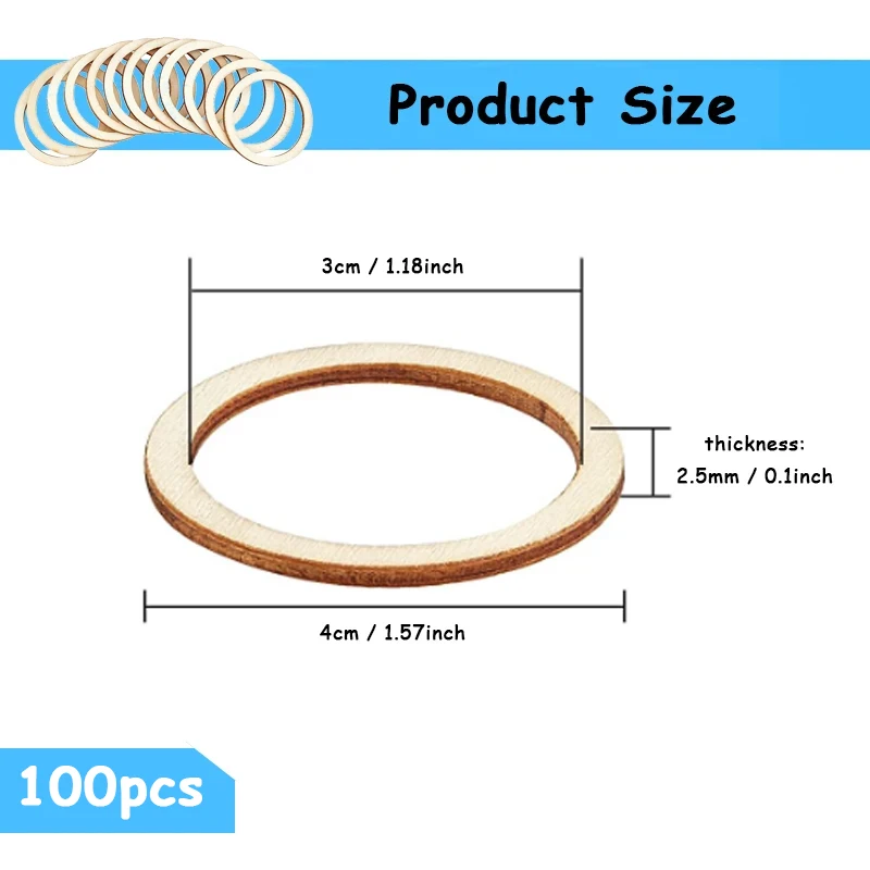 100pcs 4cm Wooden Rings, Natural Unfinished Flat Wood Rings Circle for Craft DIY, Jewelry Making, Home Decor