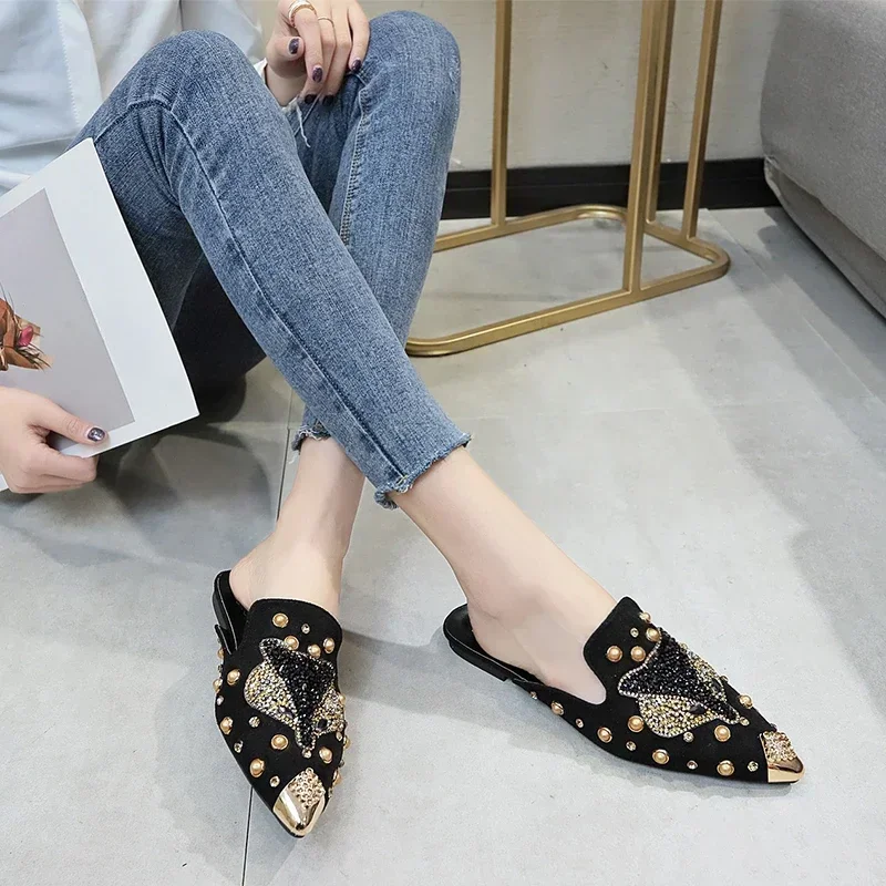 2024 New Summer Fashionable and Breathable Outdoor Semi-drag Low-heeled Metal Pointed Toe Casual Flat Slippers for Women