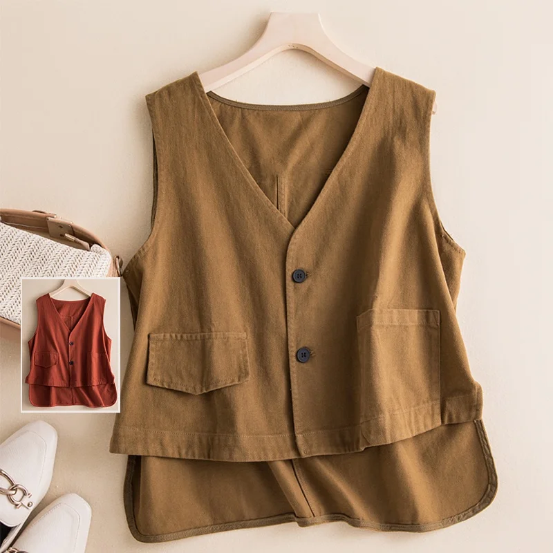 

Ретро чистый цвет диагональный хлопковый жилет Jaet большого размера женский свободный топ с v-образным вырезом и нерегулярными плечами осенняя мода