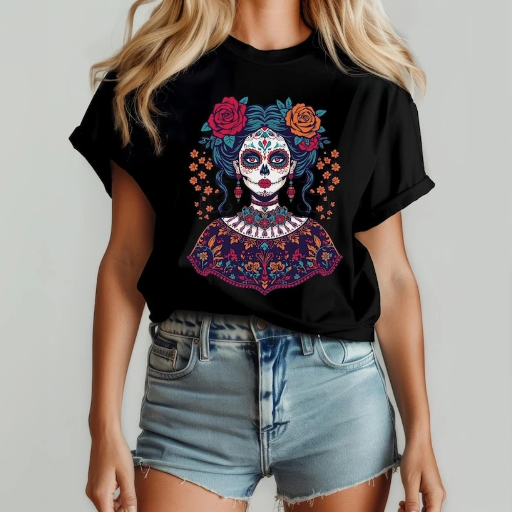 كاترينا الأزهار تي شيرت ديا دي لوس Muertos السكر الجمجمة امرأة تي شيرت المكسيكي يوم الموتى كالافيرا قميص للجنسين مهرجان ازياء