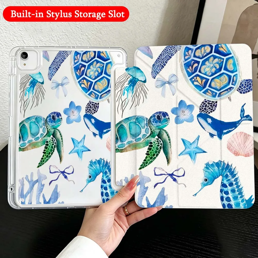Blue Turtle Pattern Case For iPad Mini Pro Air 5 6 7 8 9 10th 11th 11 9.7 10.9 13 inch Transparent Y-Shaped Folding Tablet