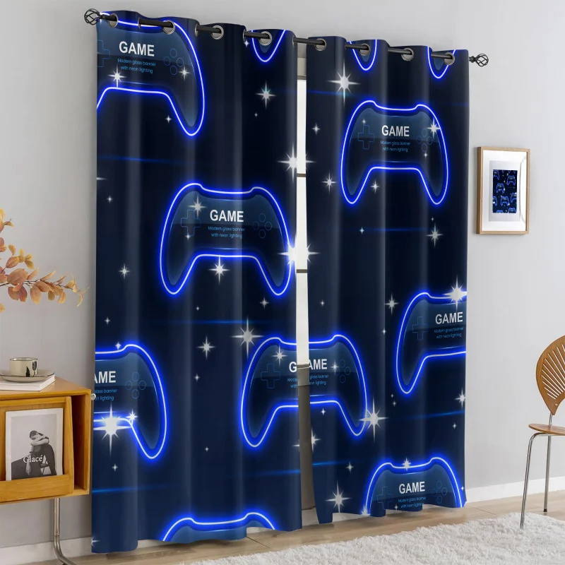 

2Pcs Neon Blue Gamepad Print Perforated Blackout Curtains, Multi Size Game Room Bedroom Teen Room Insulation Decoration