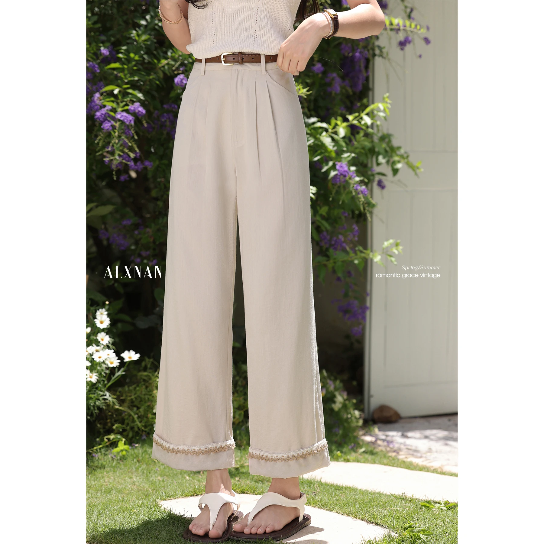 

ALXNAN Women's Baggy Pants Straight Elegant Wide-leg Nine-point Pants 2025 Summer Light Khaki Casual Office Lady Trousers L55730
