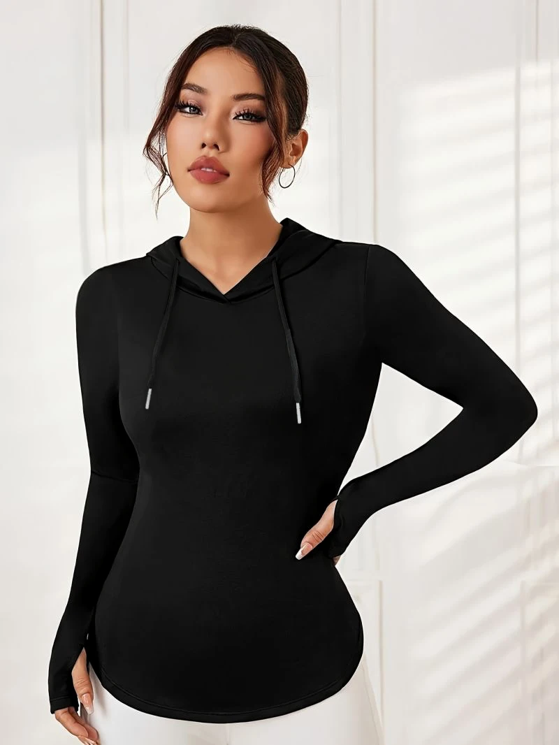 Women's Hooded Drawstring Long Sleeve Top Slim Fit Curved Hem Thumb Button Casual Top