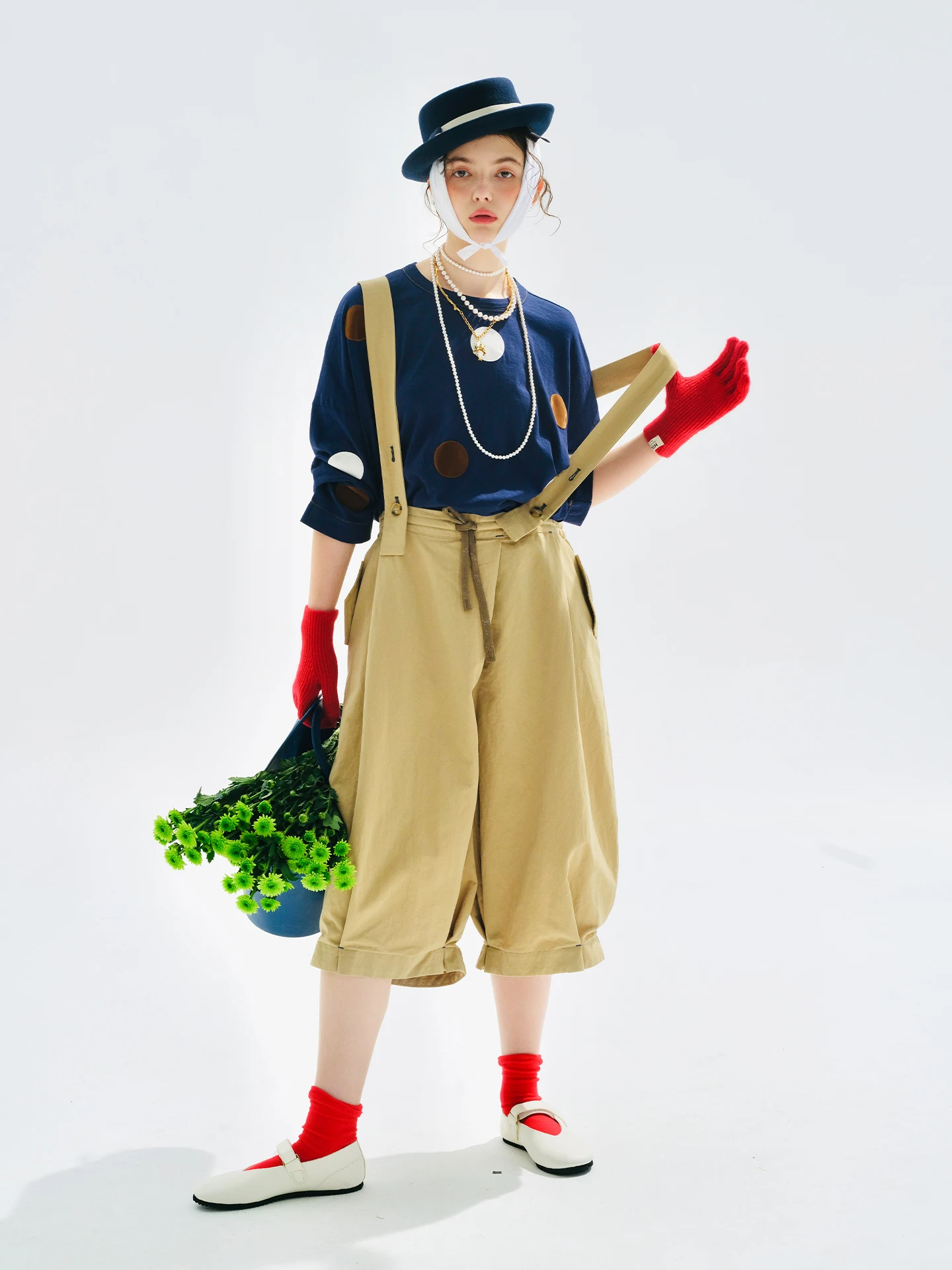Women's Khaki Loose-Fit Suspender Harem Pants with Drawstring Waist 255137