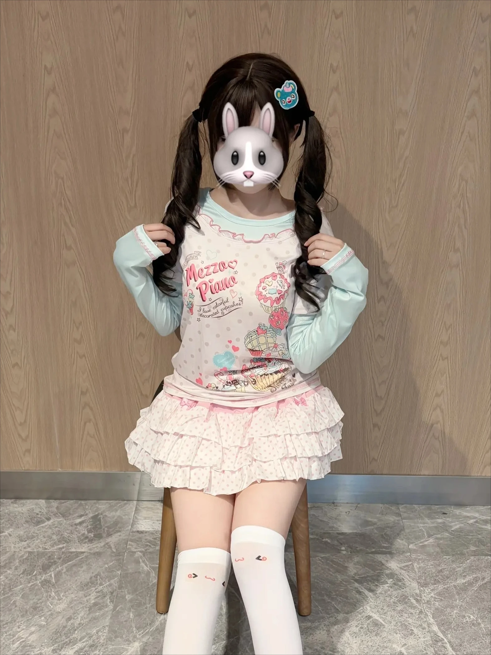 Japanese Cute T-shirt Fake Two-Piece Polka Dot Cartoon Long-Sleeve Blouse Casual Vintage Soft Girl Kawaii Tees Fashion Sweet Top