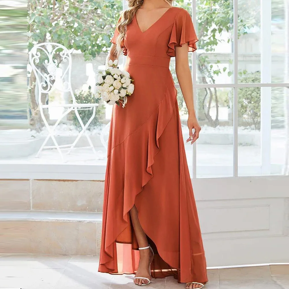 

Women's Terracotta V Neck Ruffle Sleeve High Low Chiffon Dress Wedding Guest Bridesmaid Evening Party Gown