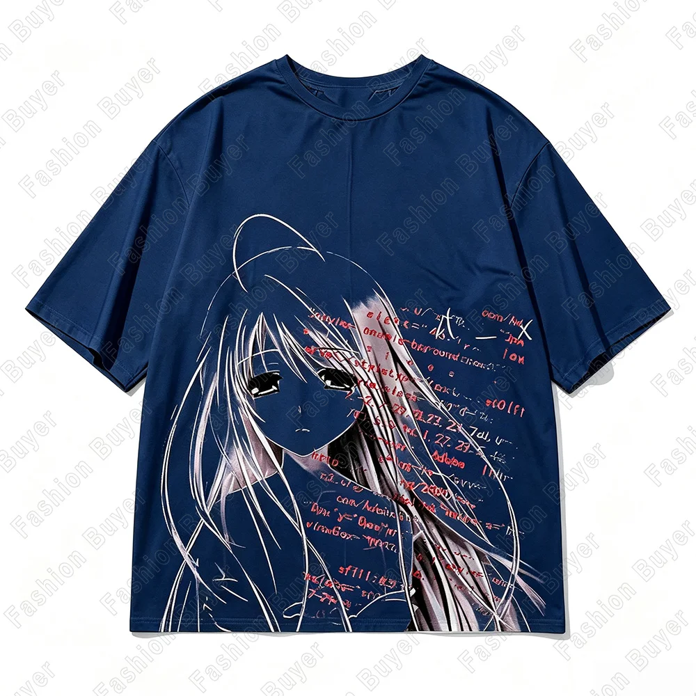 Oversized Sad Anime Girl Graphic Tee Men Women Code Glitch Manga Print Y2k Grunge Harajuku Streetwear Cotton Casual Daily Tops