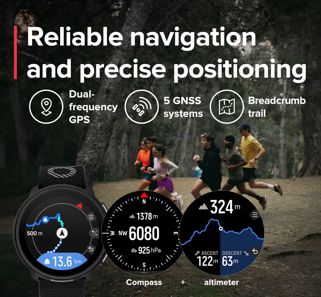 SUUNTO Run Sports Watch 1.32 "AMOLED Touchscreen com botão de coroa 12 dias de vida útil da bateria Pulso Rato cardíaco Sono Rastreamento de saúde