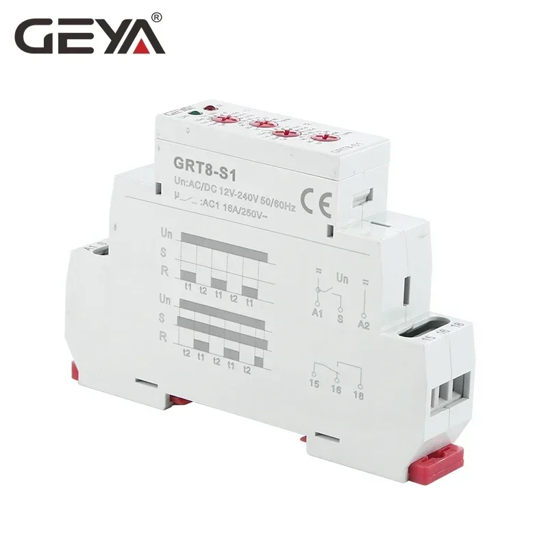 GEYA GRT8-S 비대칭 사이클 타이머 릴레이 SPDT 220V 16A AC/DC12V-240V 전자 반복 릴레이