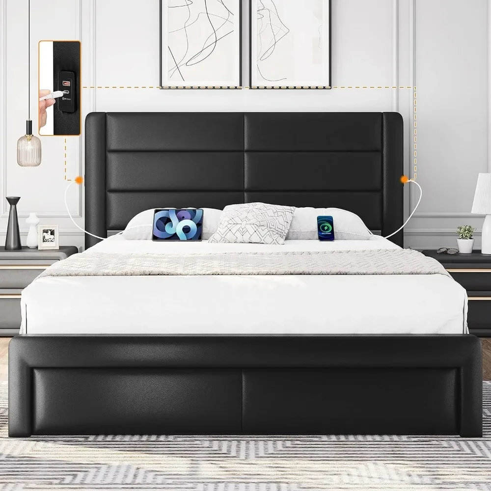 Full Size Bed Frame with 2 USB Charging Stations/Port for Type A&Type C/3 Storage Leather Upholstered Platform Bed Bases