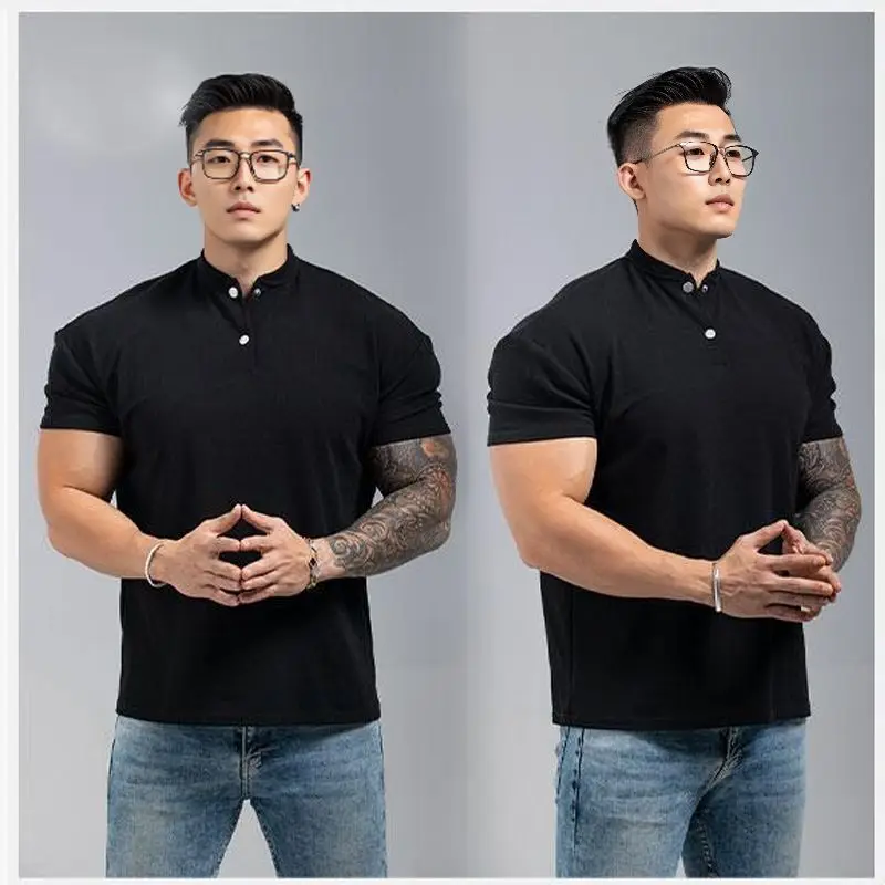 Summer and Autumn New Chinese Style Lapel and Cuffs for Sports Breathable Casual Training High Elasticity T-Shirt for Men