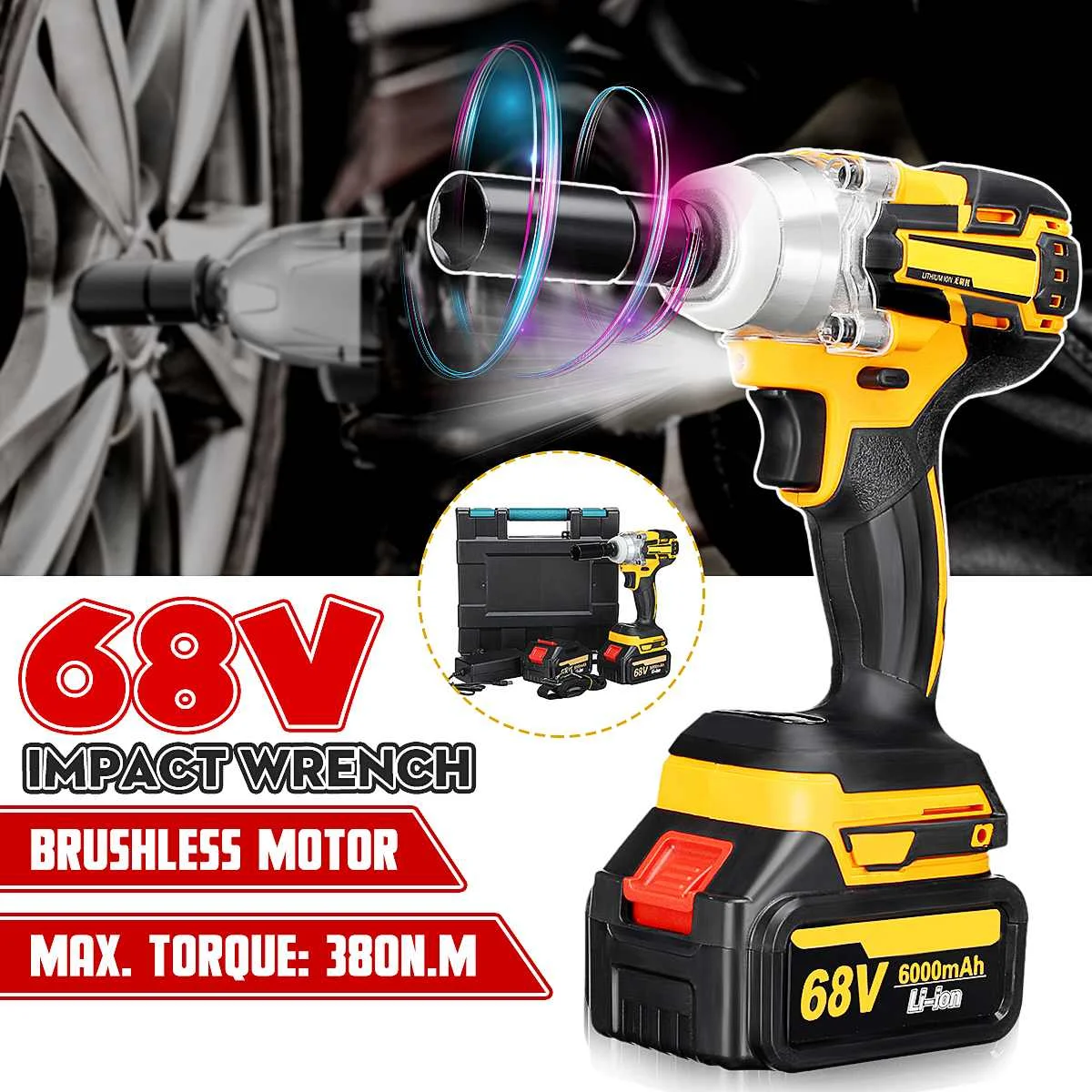 

68V 380N.m Brushless Electric Impact Wrench Hand Drill Installation 1/2 inch Power Tools With 2X 6000mAh Li Battery+Tool Box