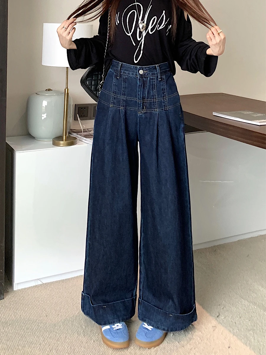 

plus Size Deep Blue Straight Leg Jeans Women's High Waist Pear ape Body Slimming Wide Leg Long Trousers Spring Autumn