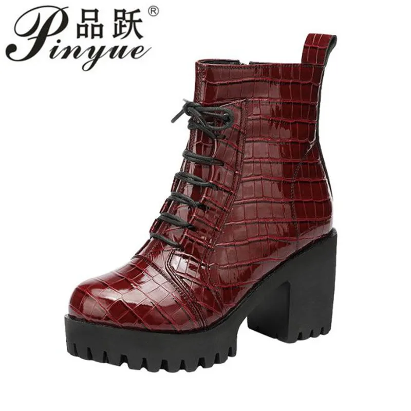 8cm Women British Thick Bottom Platform Shoes Fall Winter Block High Heels Leather Short Mother occupation Ankle Boots 32 43