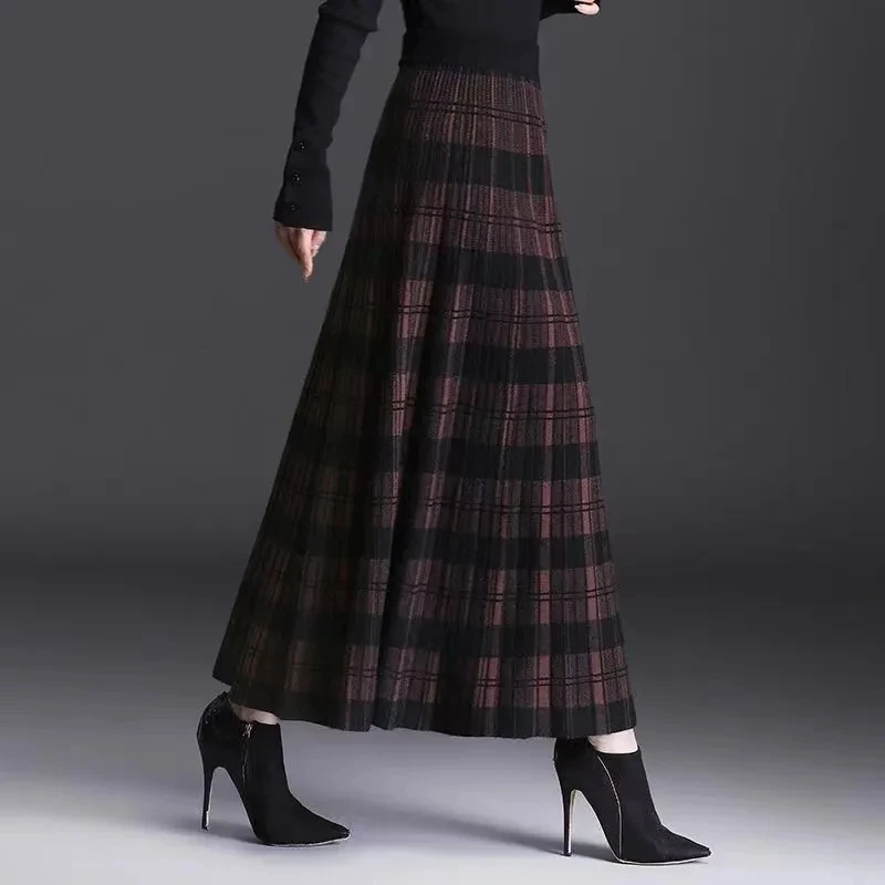 

Women Checkered Knitted Skirt Autumn Winter Elastic High Waist A-line Long Skirt Female Thicken Plaid Knitted Sweater Skirts