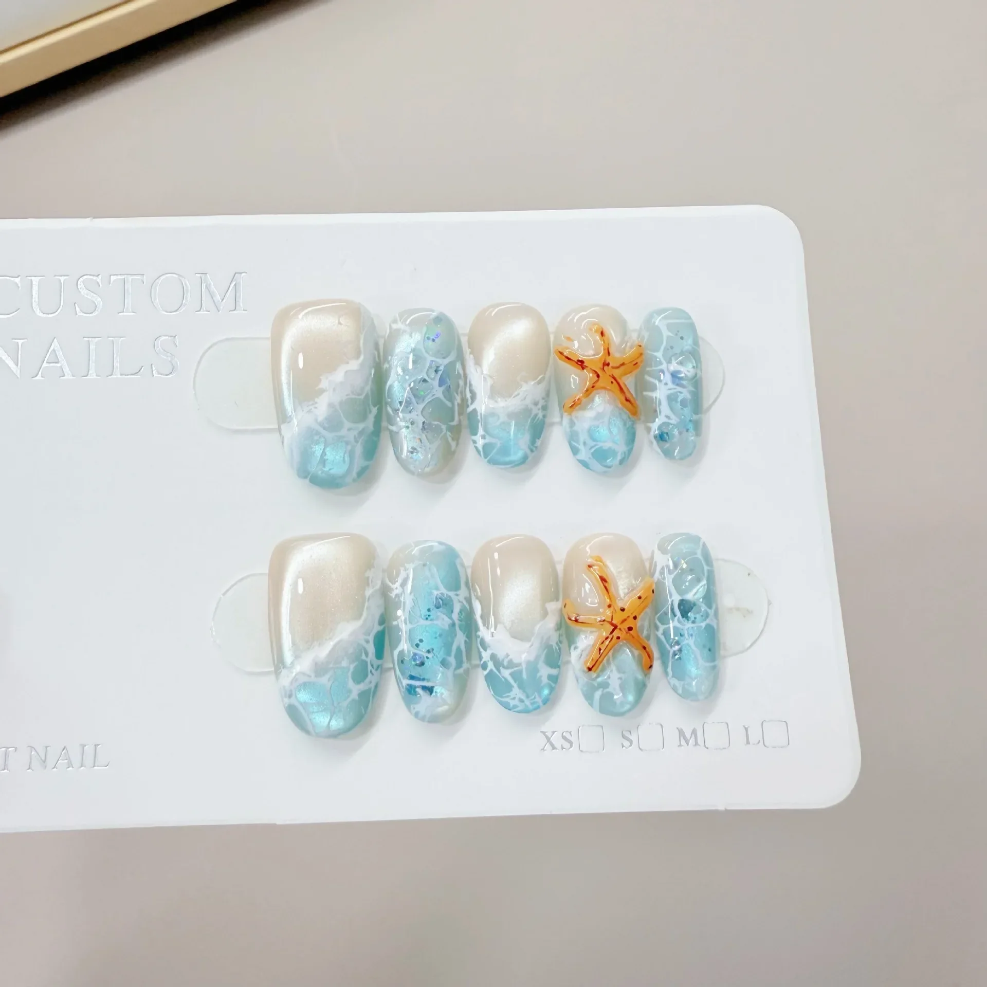 

10pcs Removable Starfish Tide Fake Nails-Bright Blue&White Ocean Series Design with Realistic Starfish Nails for Women and Girls