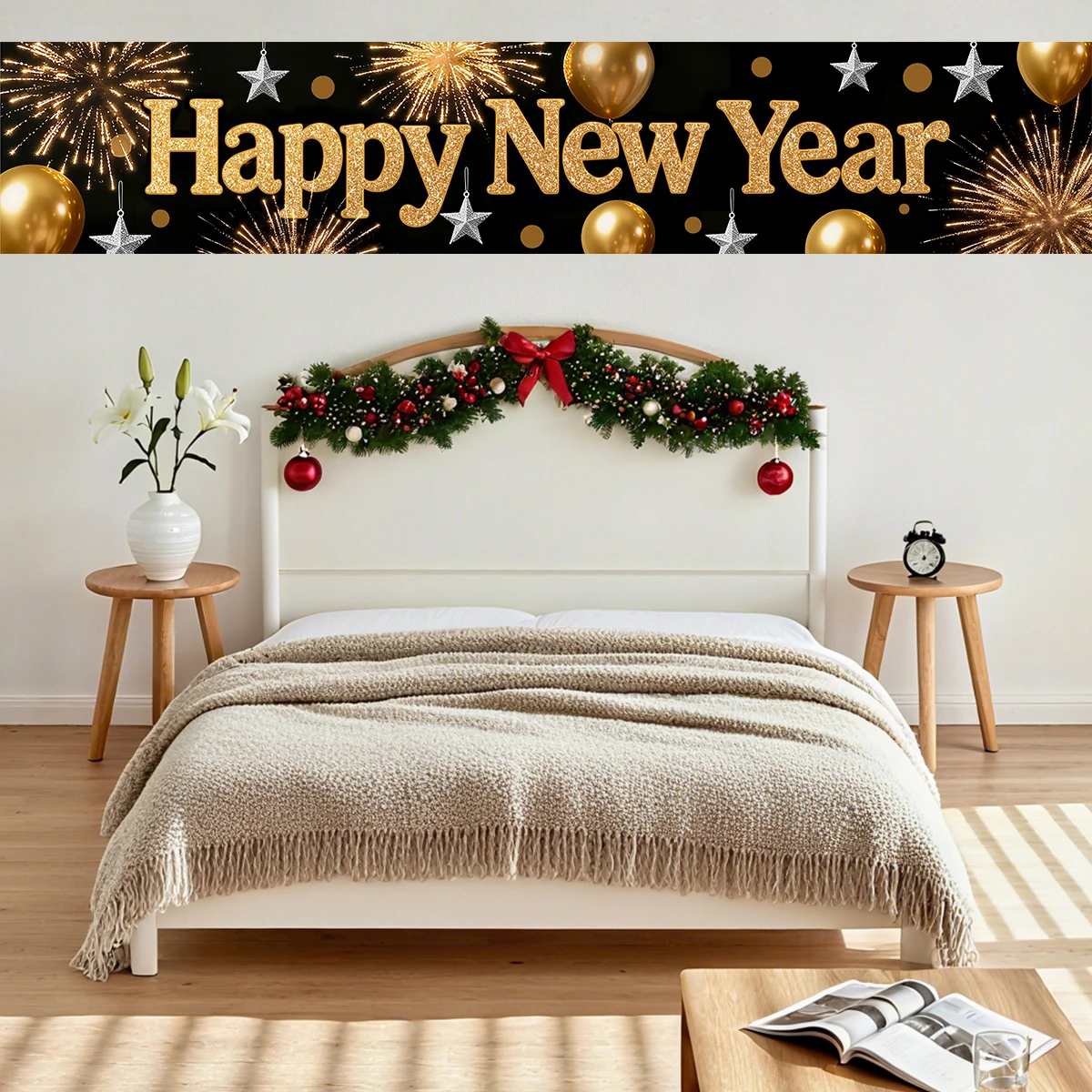 ترحيب 2026 سنة جديدة سعيدة ديكور حفلة إعداد الألعاب النارية البيرة الاحتفال ثلاثي الأبعاد زوجين معلقة القماش راية با