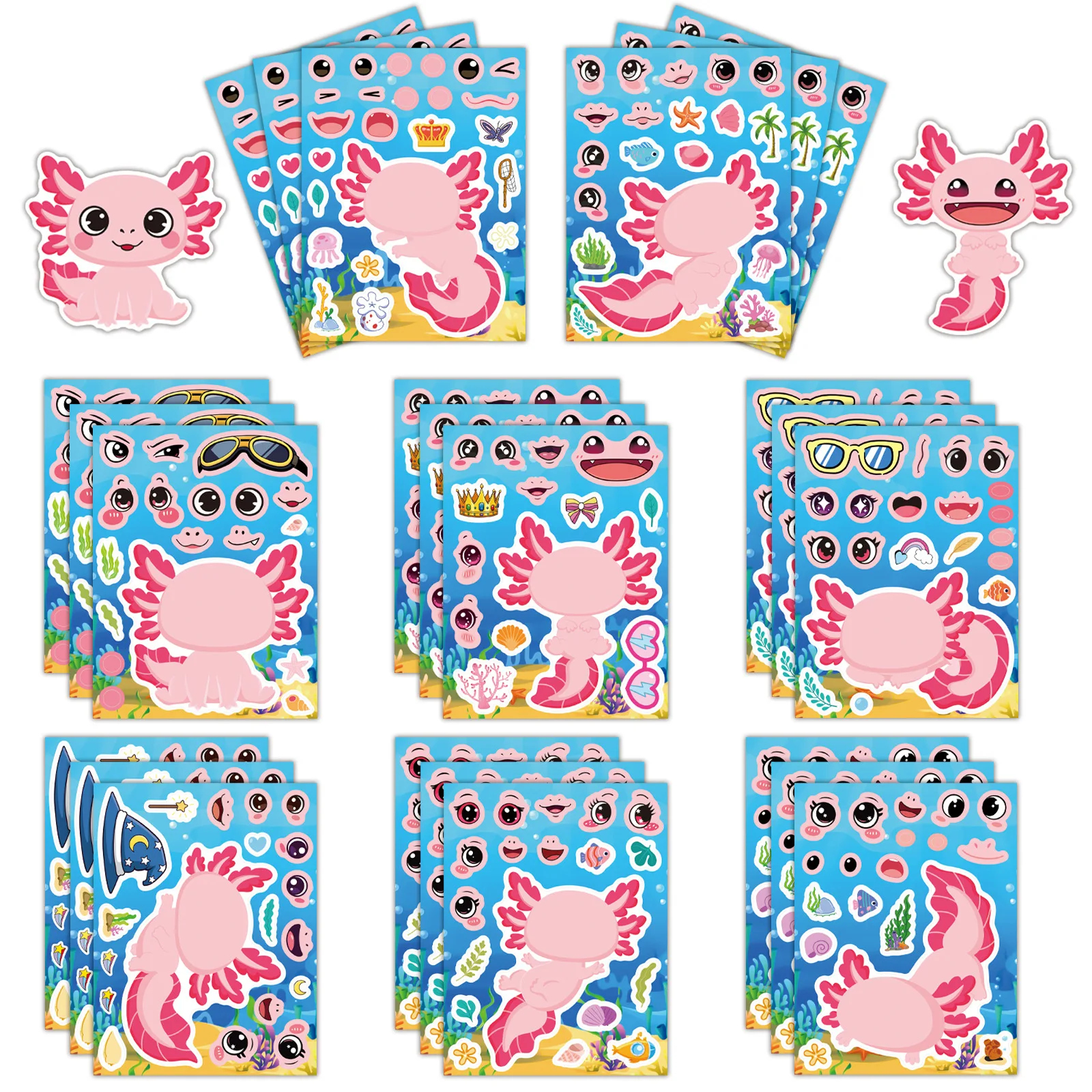 

8Pcs Axolotl Puzzle DIY Stickers for Party Birthday Decor Luggage Bike Scooter Guitar Scrapbook Water Bottle Decal