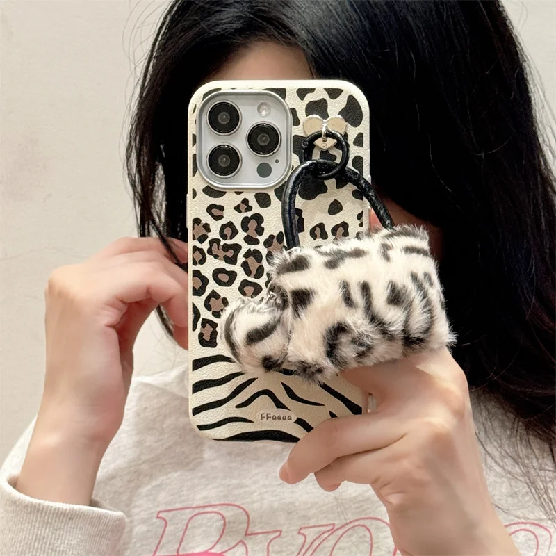 Metal ring leather patchwork leopard print phone case with leopard print bag For iPhone 13 14 15 16 pro max